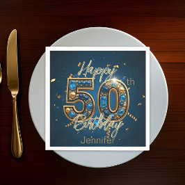 Guardanapo De Papel Elegante Chic Dourado e Blue Gemstone 50º aniversá