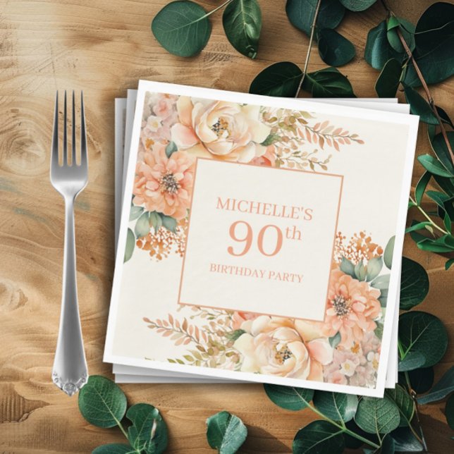 Guardanapo De Papel Elegante Creme Floral 90 Birthday (Peach and cream-colored watercolor floral birthday party paper napkins)