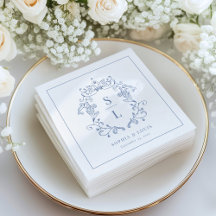 Elegante Crista Monograma Barroco Azul Casamento