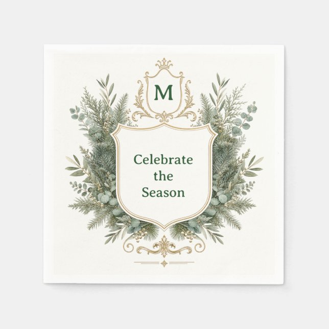 Guardanapo De Papel Elegante Crista Monogramada Botânica de Férias (Frente)