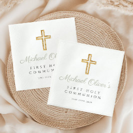 Guardanapo De Papel Elegante Cruz de Comunhão em Verde Sage com Letra