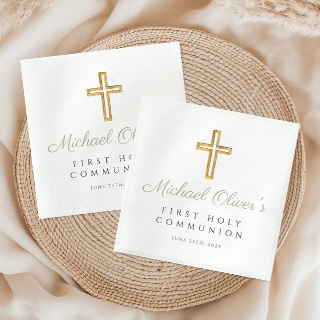 Guardanapo De Papel Elegante Cruz de Comunhão em Verde Sage com Letra  (Elegant Sage Green Script Cross First Communion Napkins)