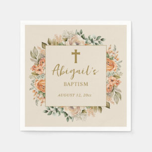 Guardanapo De Papel Elegante Cruz Pêssego Creme Floral Batizado Menina