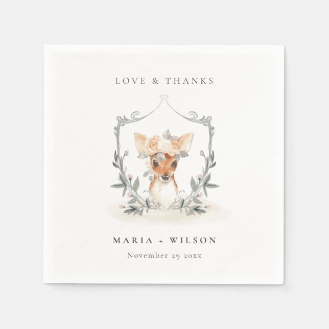 Guardanapo De Papel Elegante Cute Veado Floral Brasão Casamento (Frente)