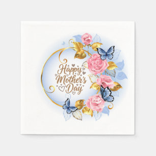 Guardanapo De Papel Elegante Dia das Mães I Rosa Rosa & Borboleta Azul