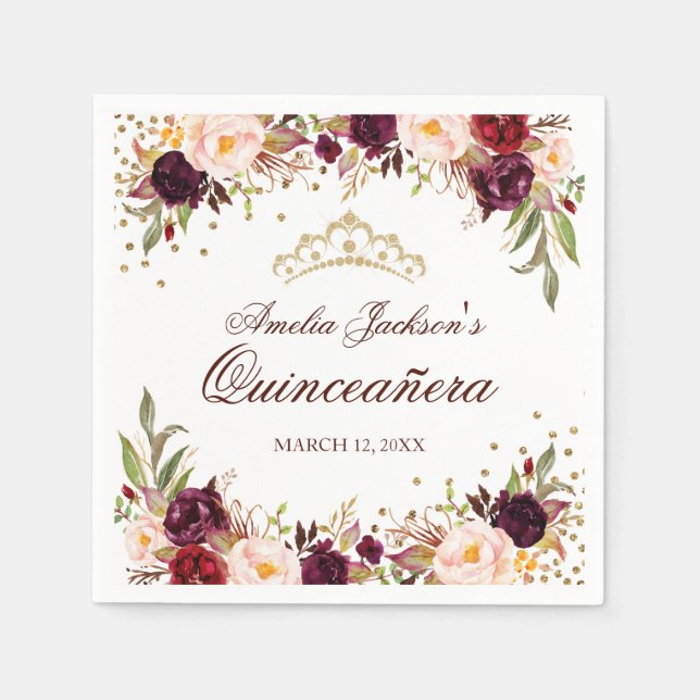 Guardanapo De Papel Elegante Dourada Burgundy Floral Quinceanera Napki (Frente)