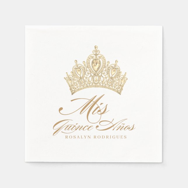 Guardanapo De Papel Elegante Dourada Tiara Mis Quince Anos (Frente)