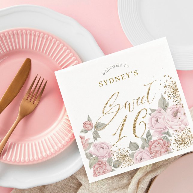 Guardanapo De Papel Elegante Dourado Leiteiro Florals Sweet 16 Favor (Criador carregado)