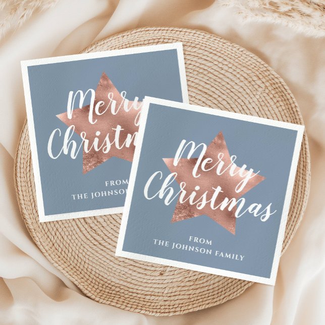 Guardanapo De Papel Elegante Dusty Blue Rosa Dourado Natal (Elegant Dusty Blue Rose Gold Star Christmas Napkins)