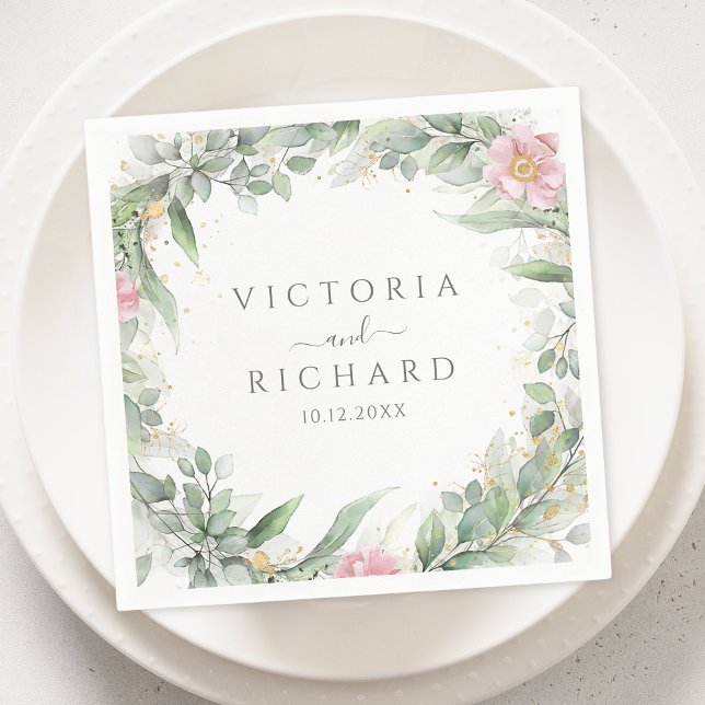 Guardanapo De Papel Elegante Eucalyptus Deixa Casamento Dourado Verde (Criador carregado)