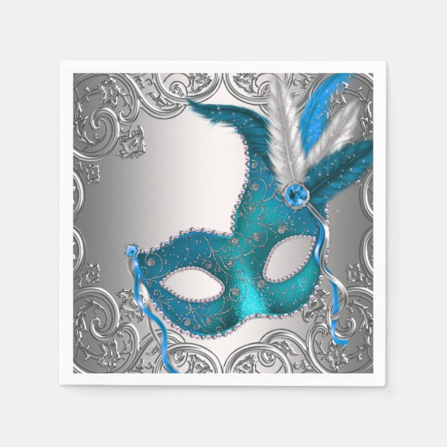 Guardanapo De Papel Elegante Festa de Máscaras Prata e Azul Turquesa (Frente)