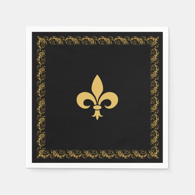 Guardanapo De Papel Elegante Fleur-de-Lis Dourada em Preto (Frente)