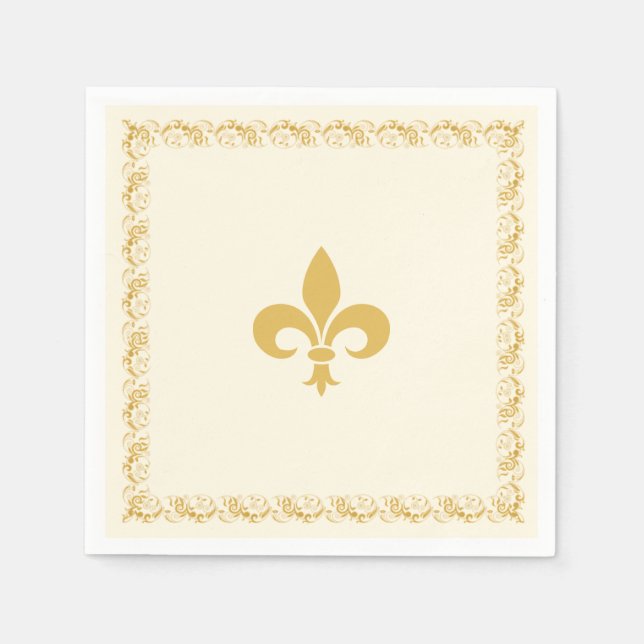 Guardanapo De Papel Elegante Fleur-de-Lis Dourada sobre Marfim (Frente)