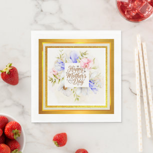 Guardanapo De Papel Elegante Floral Feliz Dia das Mães I Brilho Dourad