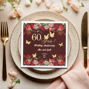 Guardanapo De Papel Elegante Floral Ouro 60º Aniversário de Casamento 