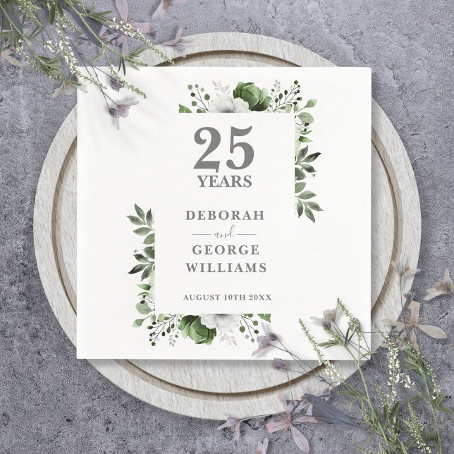 Guardanapo De Papel Elegante Greenery Floral 25 Casamento Aniversário (Elegant Greenery Floral 25th Wedding Anniversary Napkins)