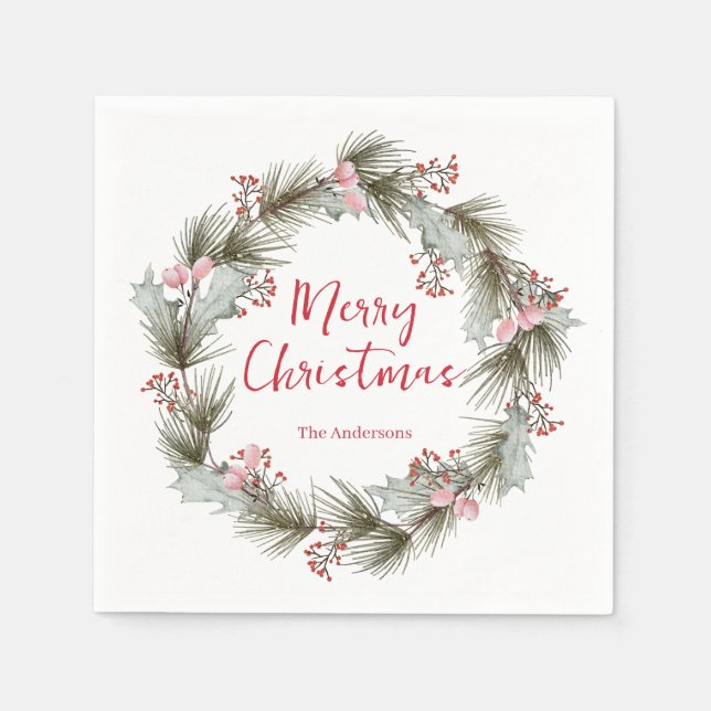 Guardanapo De Papel Elegante Grinalda de Natal em Aquarela Rústica (Frente)