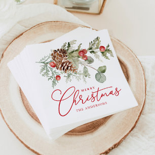 Guardanapo De Papel Elegante Holly Berries e Pine Cones Natal