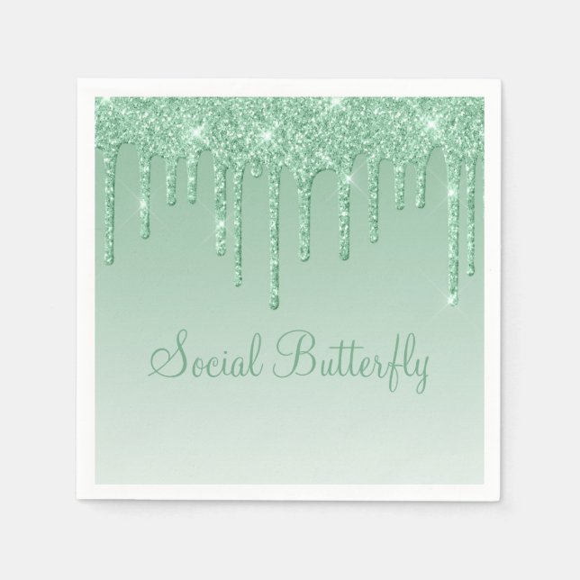 Guardanapo De Papel Elegante Ice Green Glitter Script Sparkle Modern (Frente)