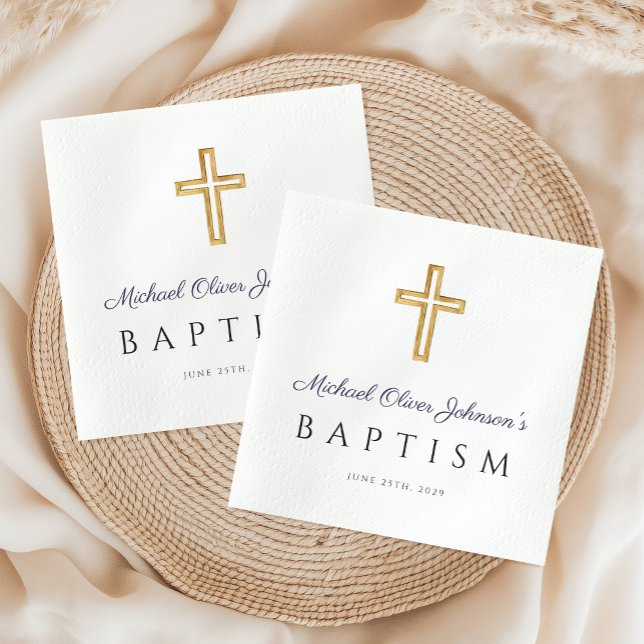 Guardanapo De Papel Elegante Marinho Blue Script Religião Cross Boy (Elegant Navy Blue Script Religious Cross Boy Napkins)
