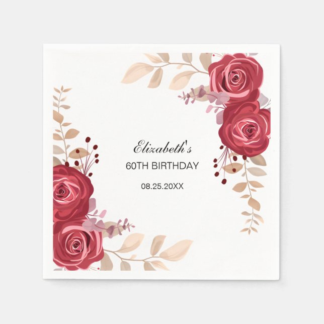 Guardanapo De Papel Elegante Maroon Rosa Floral Greenery Aniversário (Frente)
