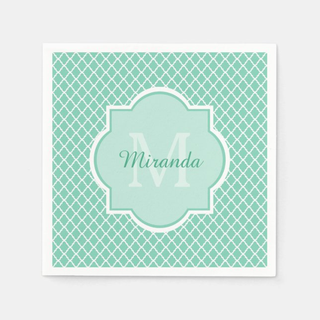 Guardanapo De Papel Elegante Mint Green Quatrefoil Monograma Com Nome (Frente)