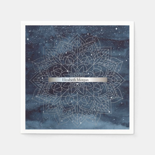 Guardanapo De Papel Elegante moderno prata mandala Marinho azul (Frente)