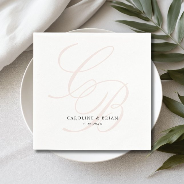 Guardanapo De Papel Elegante, Monograma, Casamento (Elegant, Monogram, Wedding Napkins, script font, white & blush.)