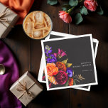 Guardanapo De Papel Elegante Moody Vibrant Harvest Floral Chá<br><div class="desc">Abraçar a beleza opulente de uma colheita floral de outono com os nossos guardanapos de papel-chá de panela cativantes. Um fundo preto dramático, mas macio, proporciona a canvas perfeita para um buquê surpreendentemente realista. Imagine uma vibrante explosão de cor, apresentando rosas em laranja e magenta escura, com pequenas flores magenta...</div>
