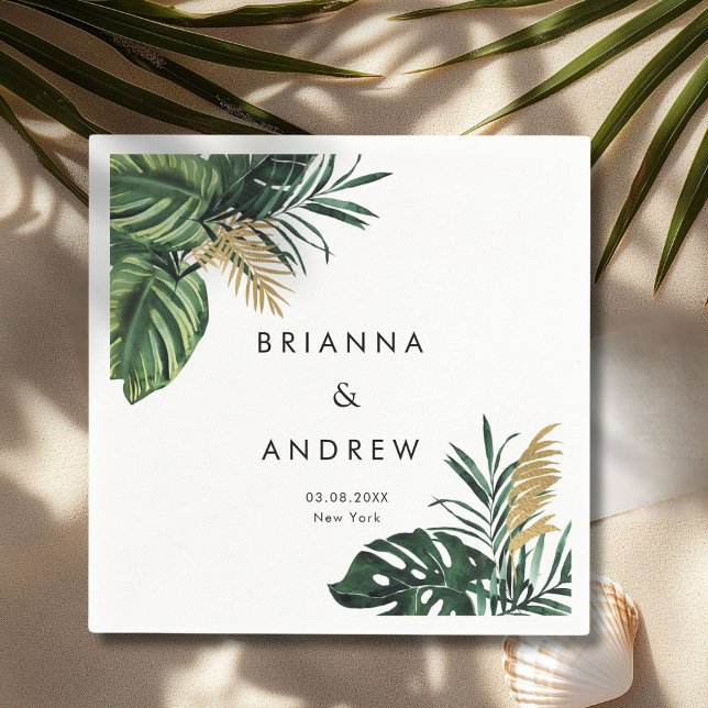 Guardanapo De Papel Elegante, Palma Verde, Dourado (Imitação) (Custom, Elegant, Green Palm, Gold (Imitation) White Napkins with your Name & Date.)