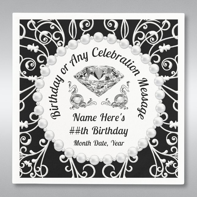 Guardanapo De Papel Elegante Personalizado, Livro de Aniversário Napki (Birthday Napkins Personalized, Black and White Napkins for Her. Diamond and Pearls Birthday Party. )
