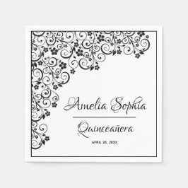 Guardanapo De Papel Elegante Quinceañera Black Swirls em Branco