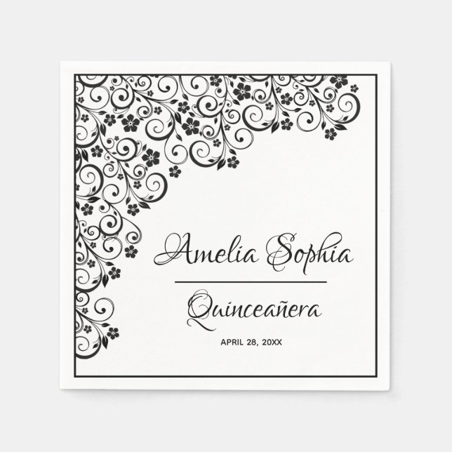 Guardanapo De Papel Elegante Quinceañera Black Swirls em Branco (Frente)