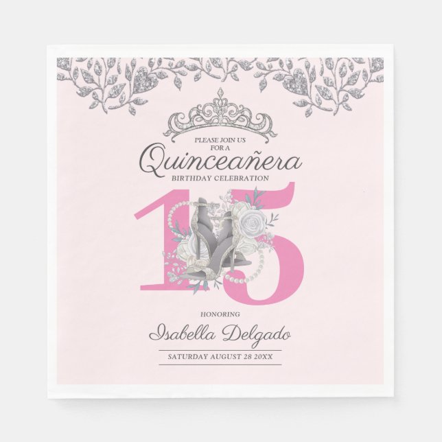 Guardanapo De Papel Elegante Quinceanera Princesa Rosa 15, Aniversário (Frente)
