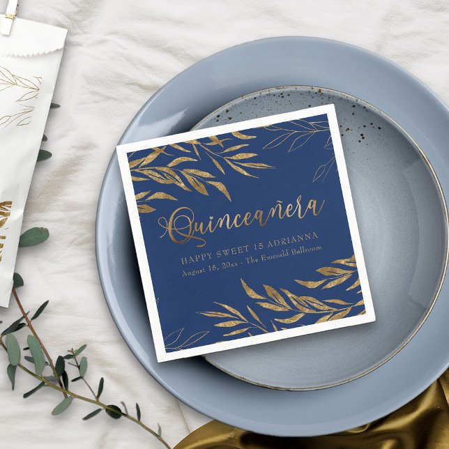 Guardanapo De Papel Elegante Quinceanera Royal Blue e Folha Dourada (Royal Blue Quinceanera Napkin from my Gold Leaf Quinceanera Collection)