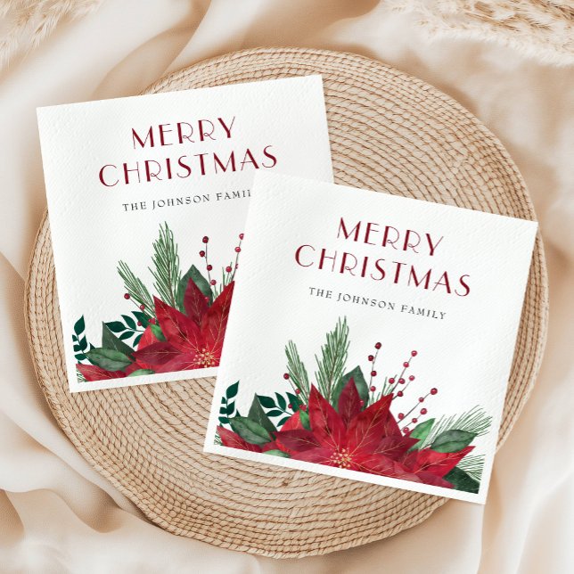 Guardanapo De Papel Elegante Red Poinsettia Feliz Natal (Elegant Red Poinsettia Merry Christmas Napkins)