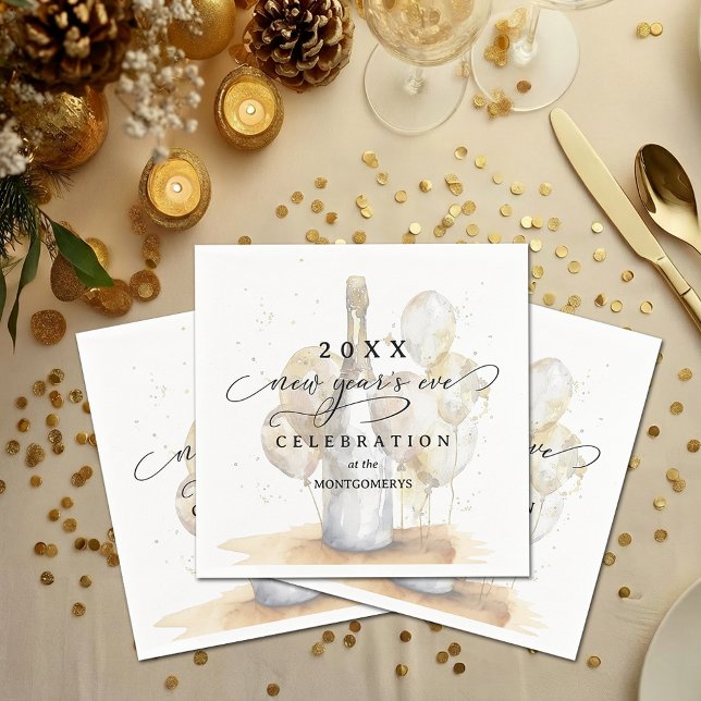 Guardanapo De Papel Elegante Réveillon com Champanhe e Balões (Elegant Champagne and Balloons New Year's Eve Cocktail Napkins)