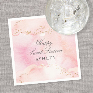 Guardanapo De Papel Elegante Rosa Bonito Aquarela Dourado Brilho Festa