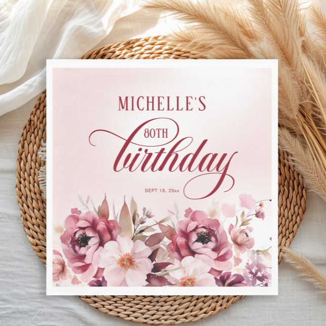 Guardanapo De Papel Elegante Rosa Borgonha Floral 80º Aniversário (Burgundy and pink watercolor floral birthday party paper napkin)