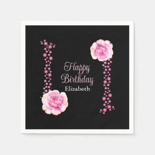 Guardanapo De Papel Elegante Rosa Rosa Floral Endereço Preto