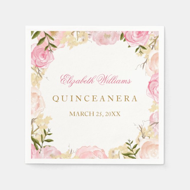 Guardanapo De Papel Elegante Rosa Rosa Quinceanera Napkin (Frente)