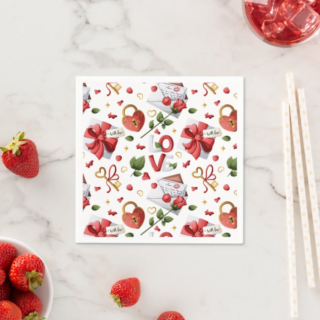Guardanapo De Papel Elegante Rosa Vermelha e Fechadura com Coração Pad (Insitu)