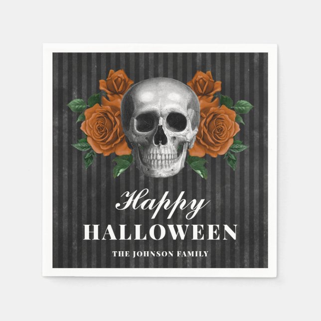 Guardanapo De Papel Elegante Rosas Góticos e Caveira Feliz Halloween (Frente)