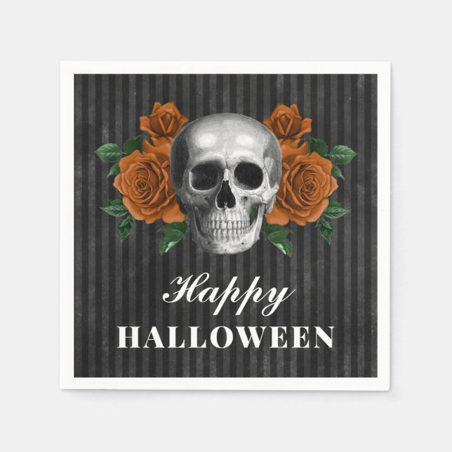 Guardanapo De Papel Elegante Rosas Góticos e Caveira Feliz Halloween (Frente)