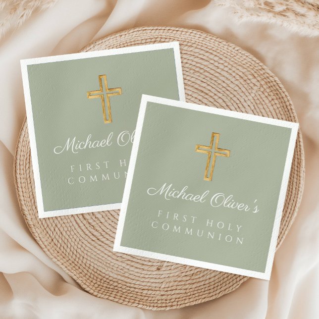 Guardanapo De Papel Elegante Sage Green Cross Primeira Comunhão (Elegant Sage Green Cross First Communion Napkins)