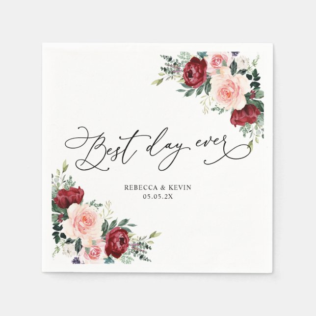 Guardanapo De Papel Elegante Script Burgundy Blush Floral Greenery (Frente)