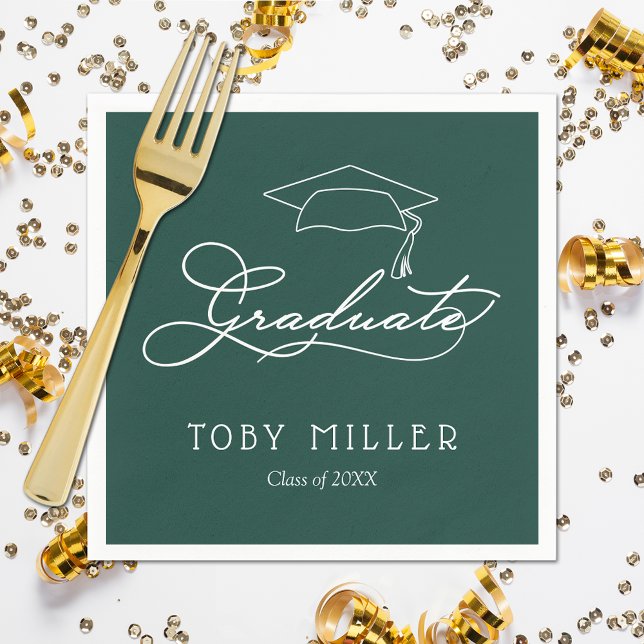 Guardanapo De Papel Elegante Script Dark Green Graduation Napkins (White script grad cap on dark green personalized graduation party napkins, paper plates in our store)