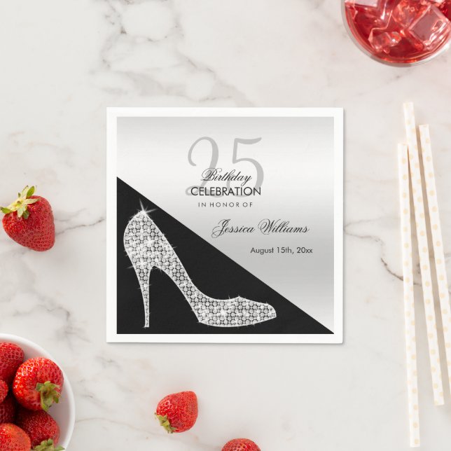 Guardanapo De Papel Elegante Sequin Stiletto, Silver & Black Birthday (Insitu)