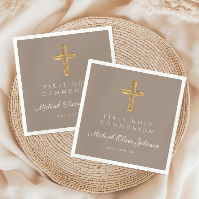 Guardanapo De Papel Elegante Taupe Religiosa Primeira Comunhão (Elegant Taupe Religious Cross First Communion Napkins)