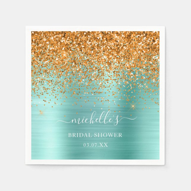 Guardanapo De Papel Elegante Teal Dourado Glitter White Sparkle Name (Frente)